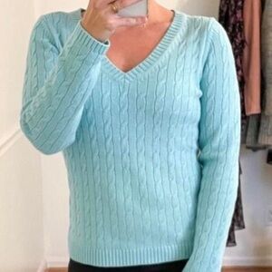 Van Heusen Light Blue Classic Cable Knit Sweater Cotton Ribbed V-Neck Cuffs Hem
